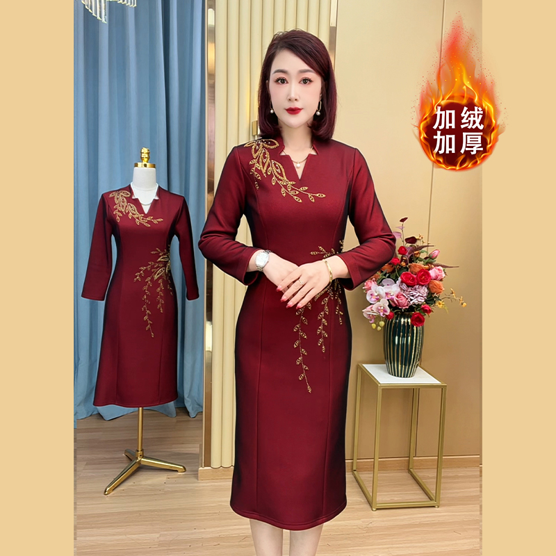 新款春秋季修身麦穗高贵喜婆婆喜妈妈装气质高端简单婚宴礼服裙