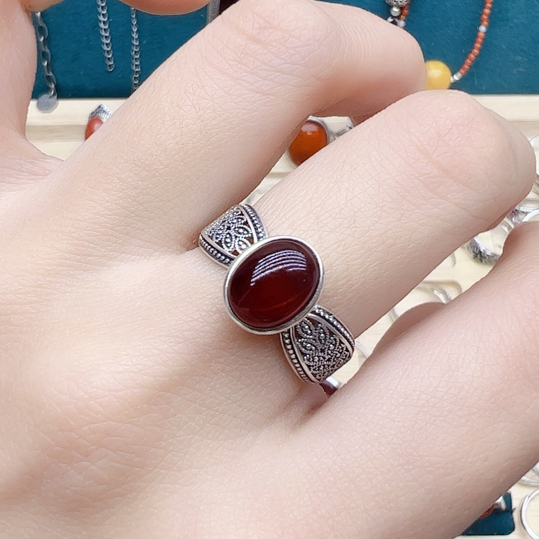 血珀戒指银S925镶嵌天然
