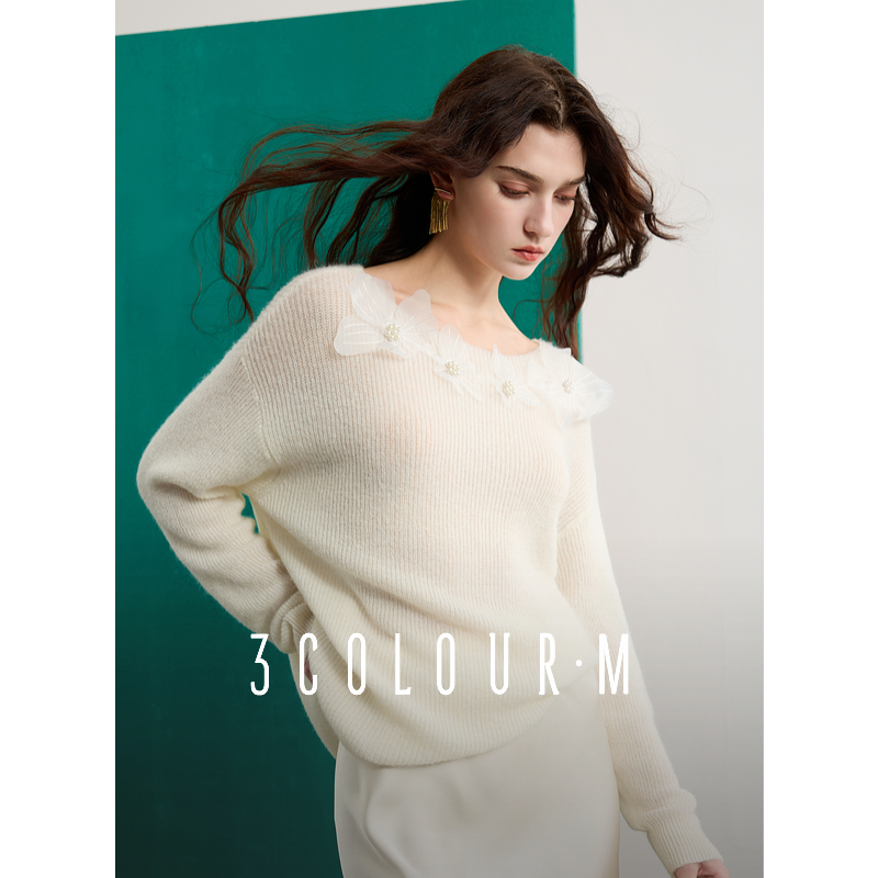 【达人专属】三彩2025春季新款立体花朵针织衫两穿一字领毛衫dbx