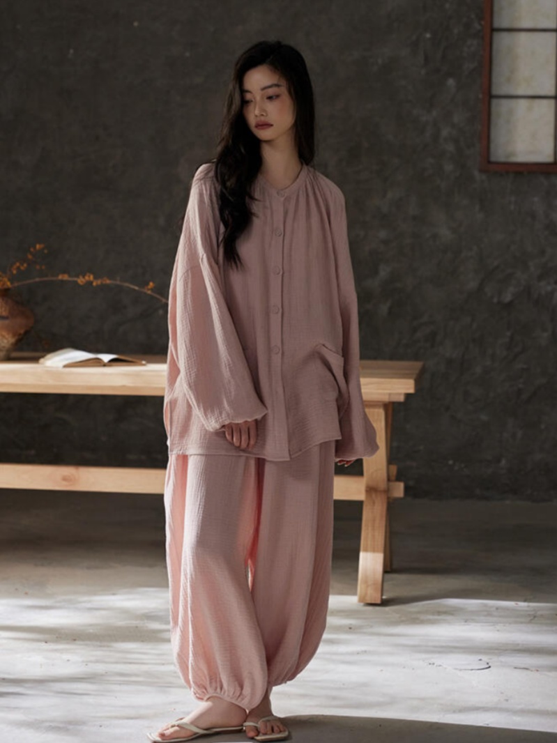 【胸垫款】灯笼裤复古国风睡衣女春秋季时尚少女感纯色开衫长袖套装