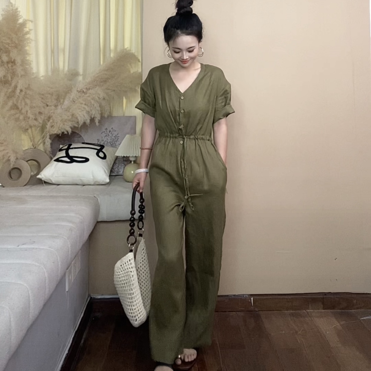柚兮原创小众设计～复古绿100全亚麻气质休闲宽松小个子收腰连体裤