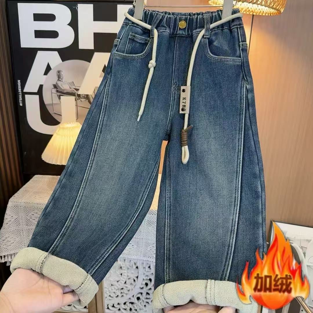 儿童牛仔裤2025秋冬新款中大童一体绒加厚牛仔裤百搭韩版长裤001