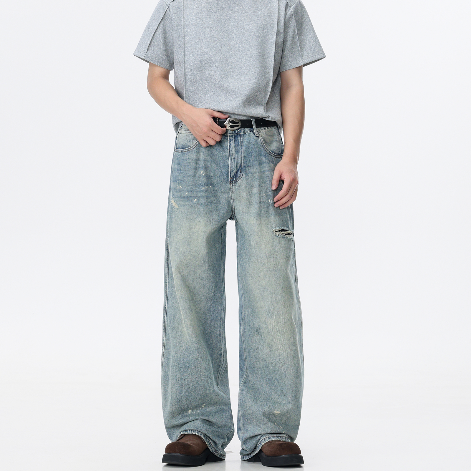 新款美式复古做旧休闲阔腿百搭潮流破洞泼墨牛仔裤男