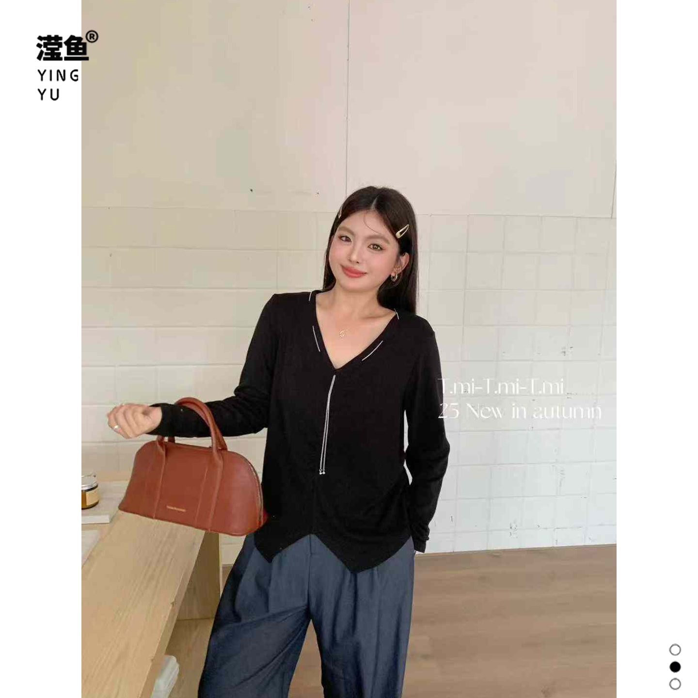 Tmi  q1298大码设计感别致重工上衣纯色显瘦气质百搭时尚V领t恤