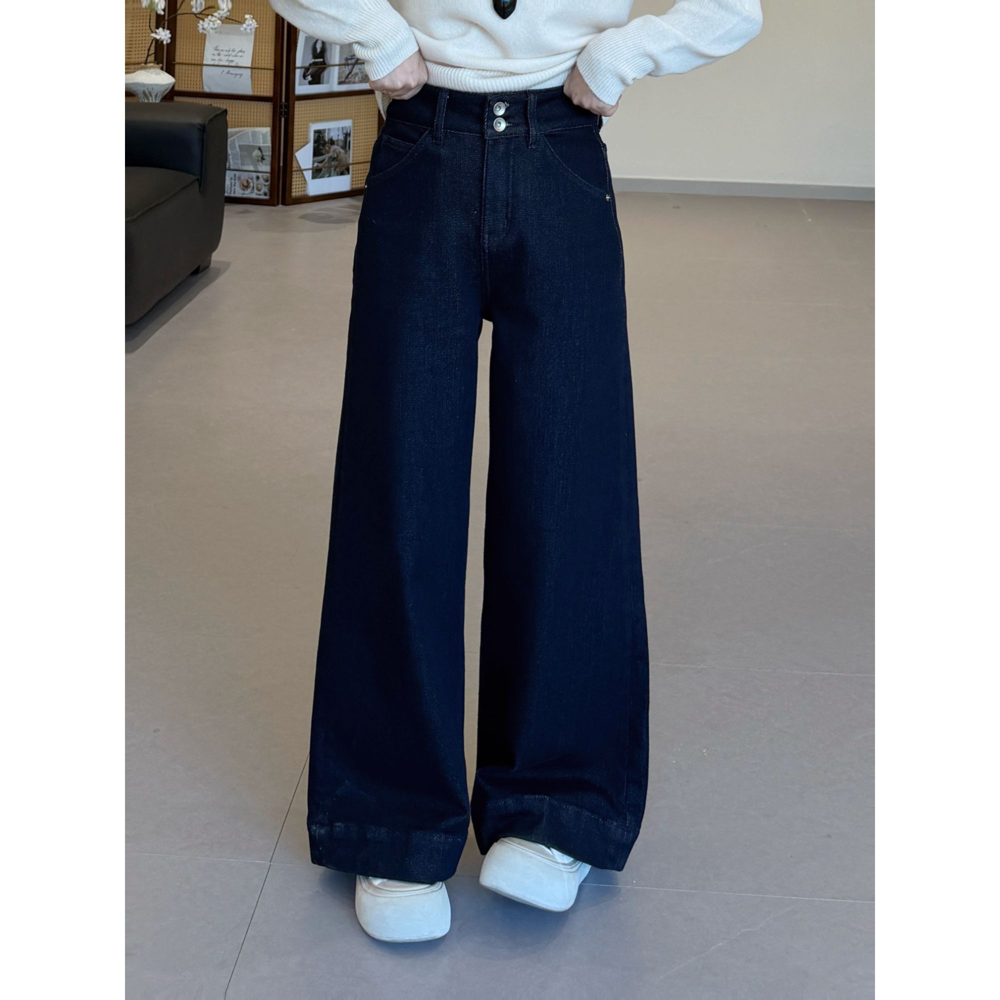 小个子圆圆Y8059植绒高腰阔腿牛仔裤显瘦遮肉百搭深蓝色休闲裤女