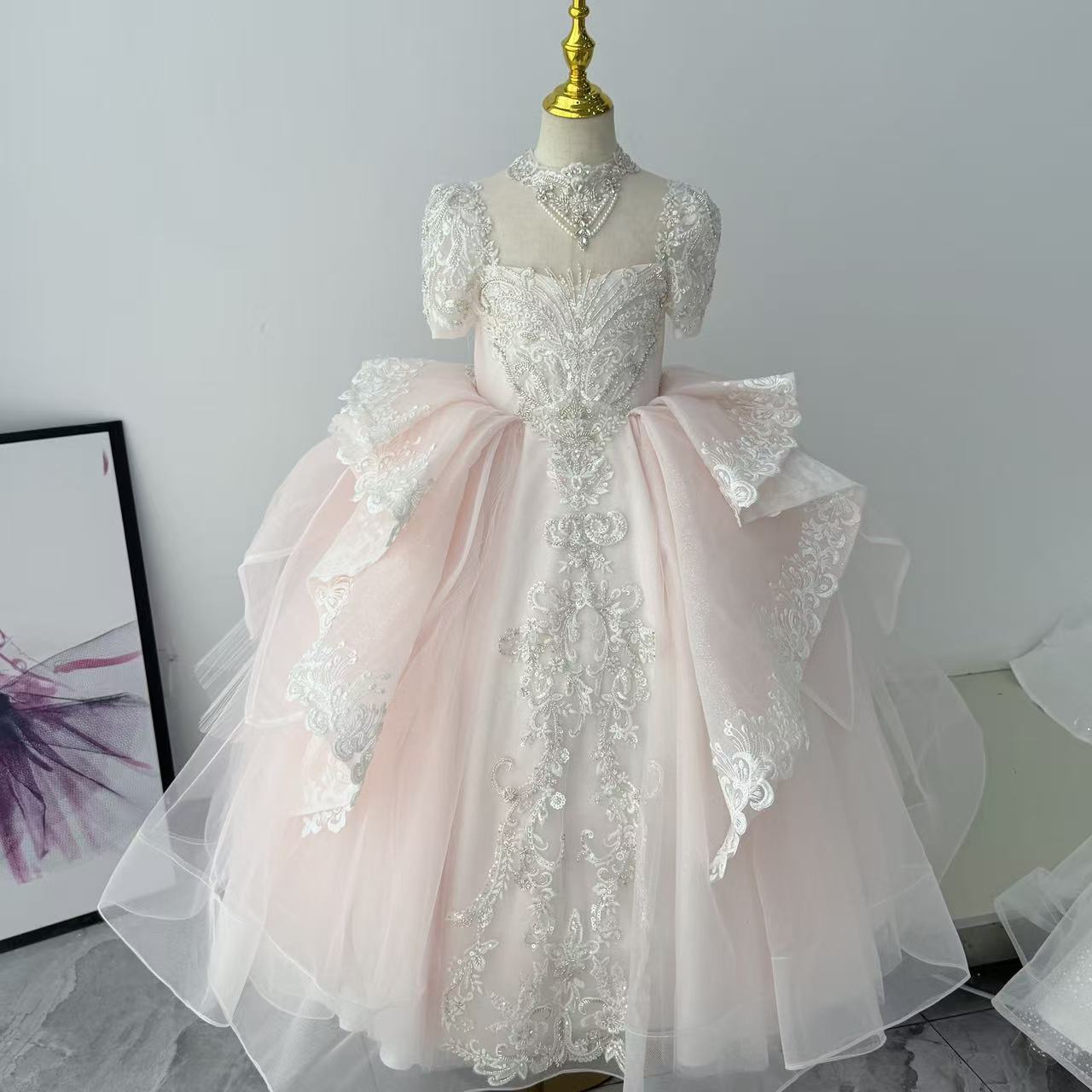 粉色花朵儿童礼服生日绝美公主裙高端小女孩钢琴演出服走秀蓬蓬裙