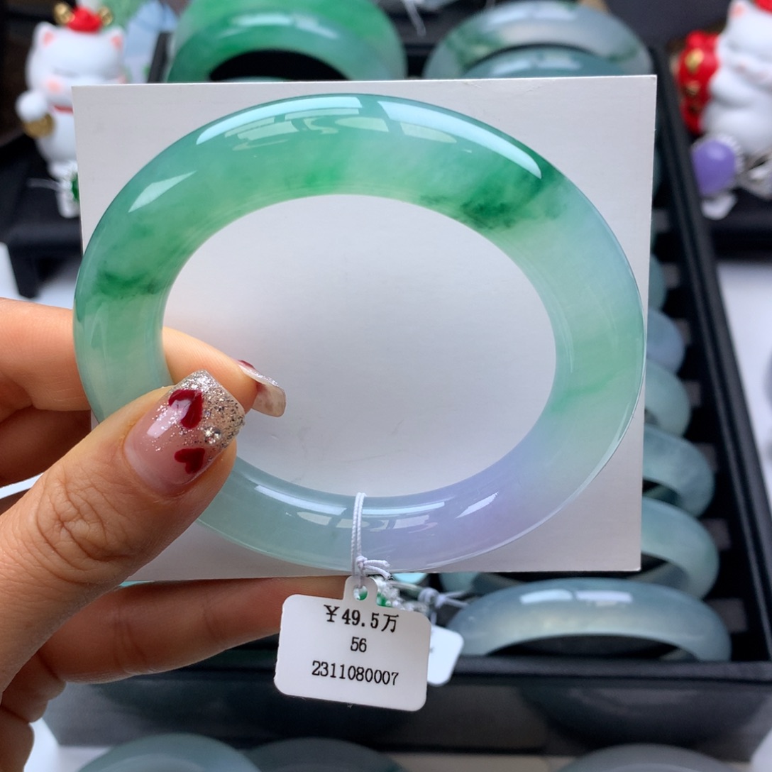 翡翠手镯未镶嵌56冰胶飘花圆条