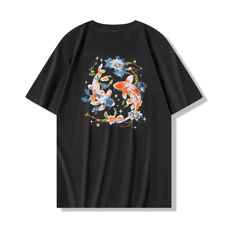 2025新款纯棉锦上添花光变刺绣中国风圆领宽松舒适T恤短袖男士