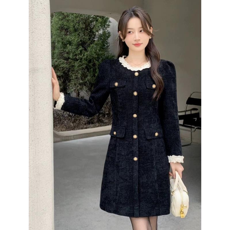 【Y3439】法式小香风黑色连衣裙撞色木耳领长袖裙子