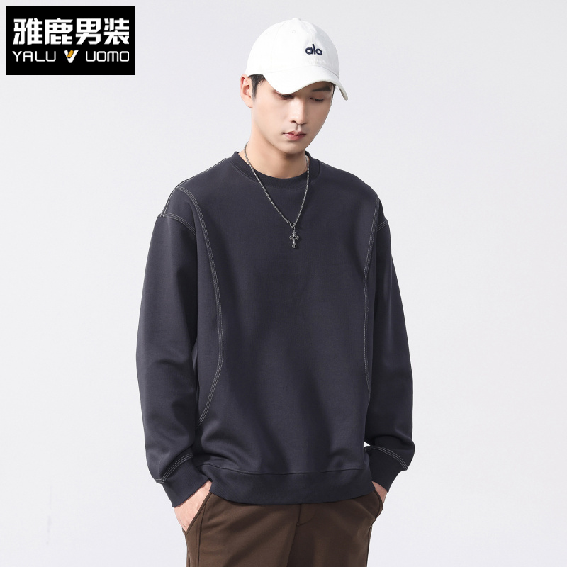 雅鹿男装卫衣男秋季高级感复古拼接圆领打底衫宽松辑明线休闲上衣