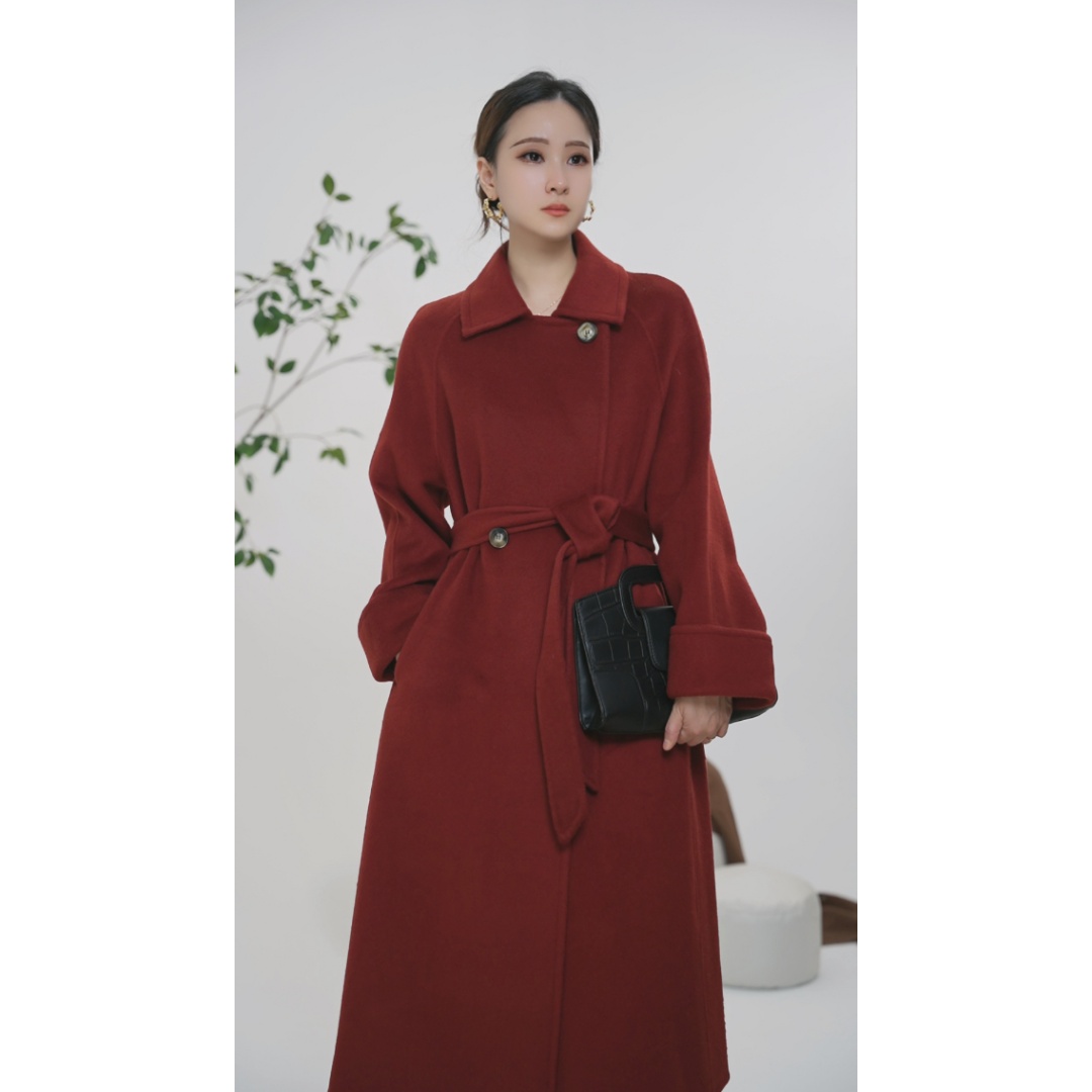 【25027羊绒】长款女双面大衣纯色气质休闲简约毛呢外套2025新款