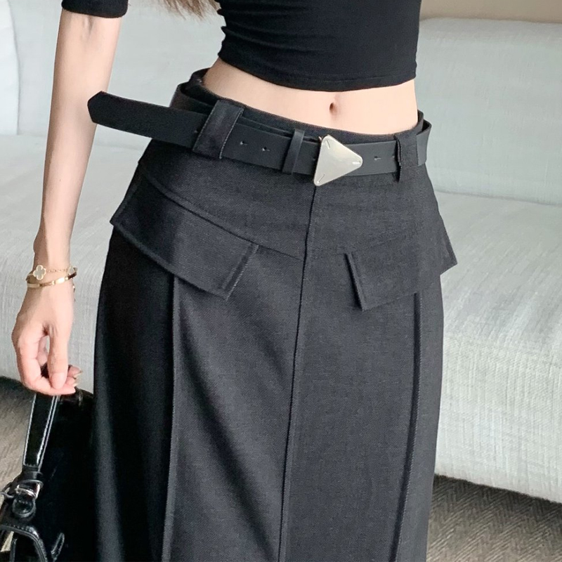 深灰色开叉半身裙女秋季前后两穿设计感高腰显瘦垂感a字包臀长裙