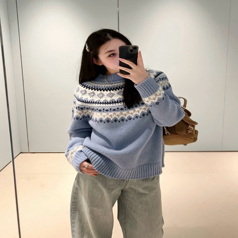 「长芯」南油25百搭减龄费尔岛雪花撞色提花针织套头衫YZ25W11042