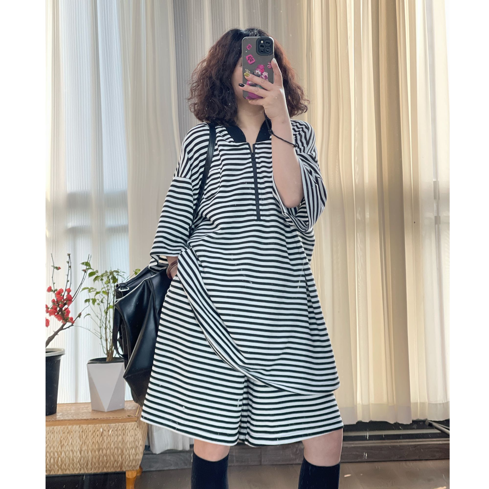 【若汐女装】欧韩版宽松大版休闲百搭设计款夏季条纹套装5011