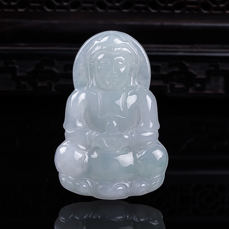缅甸天然翡翠A货冰胶白月光正装观音菩萨挂件吊坠 尺寸52×5.6mm
