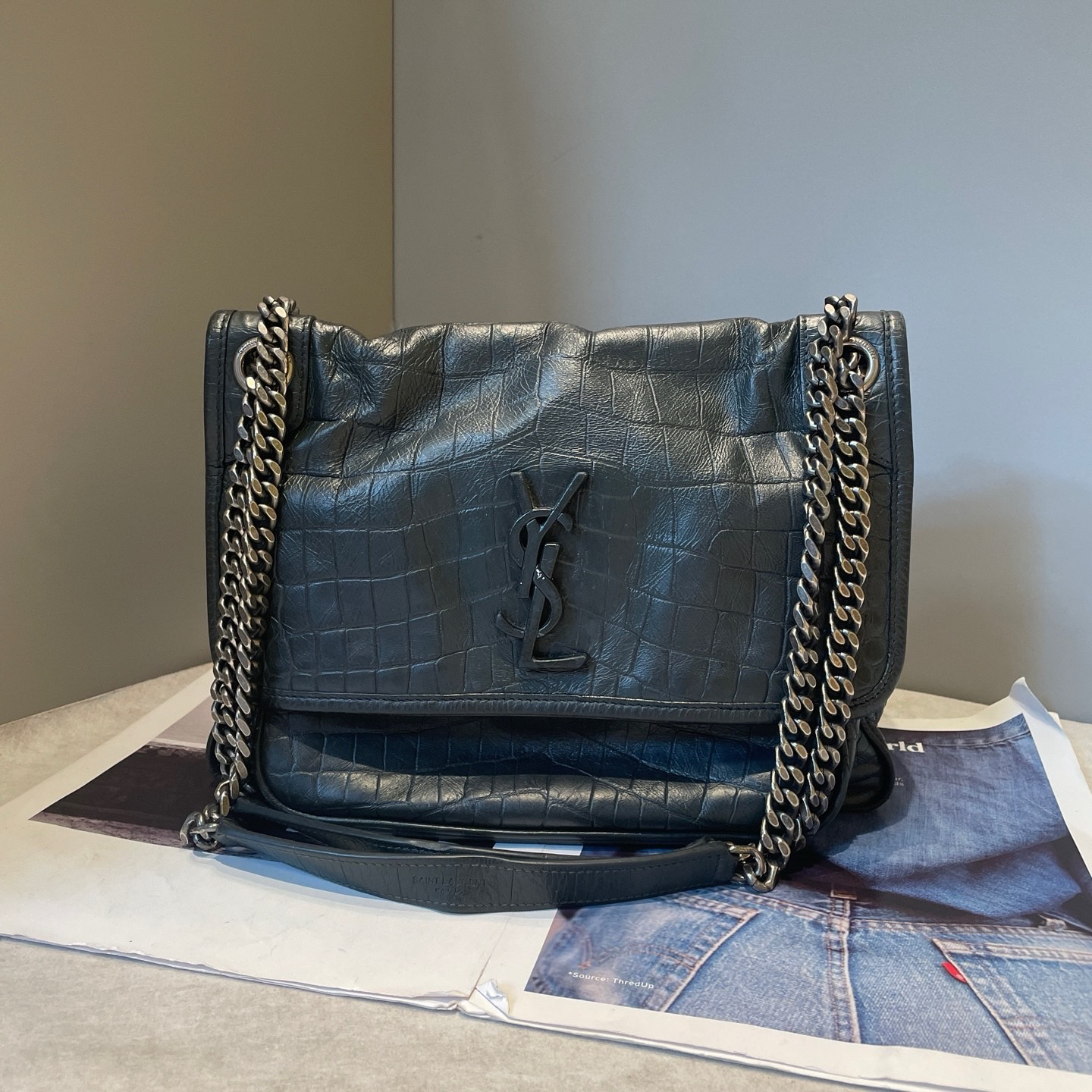 95新 YSL/圣罗兰 墨绿色鳄鱼纹Niki小号链条包17*20