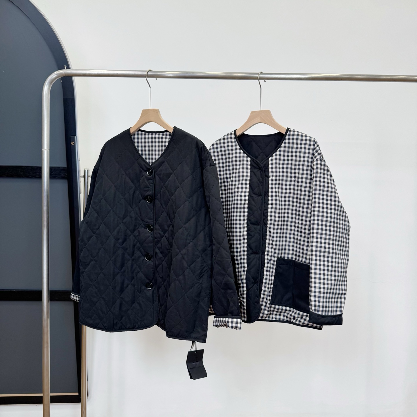 【若若美】X-1922复古菱格棉服轻便菱形格子夹克两穿百搭夹棉外套