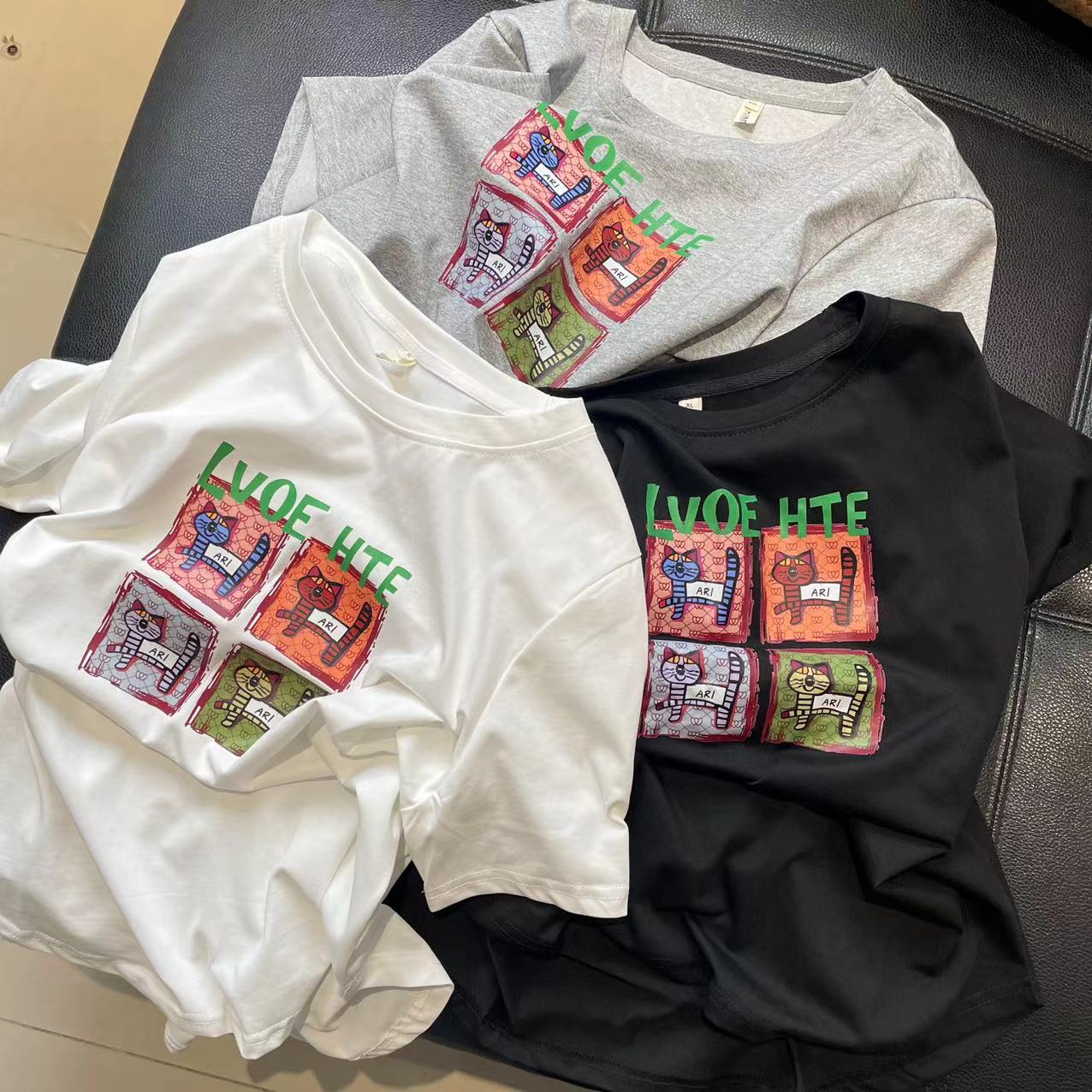 CS386夏装新款圆领短袖卡通小猫可爱休闲宽松T恤女士