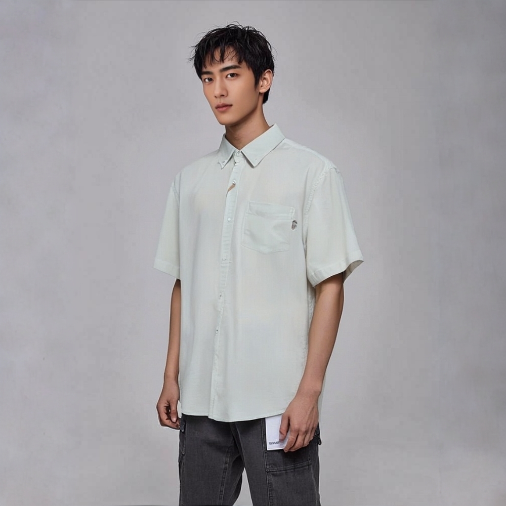 外贸尾单 棉弹水洗休闲牛津纺男士短袖衬衫夏季