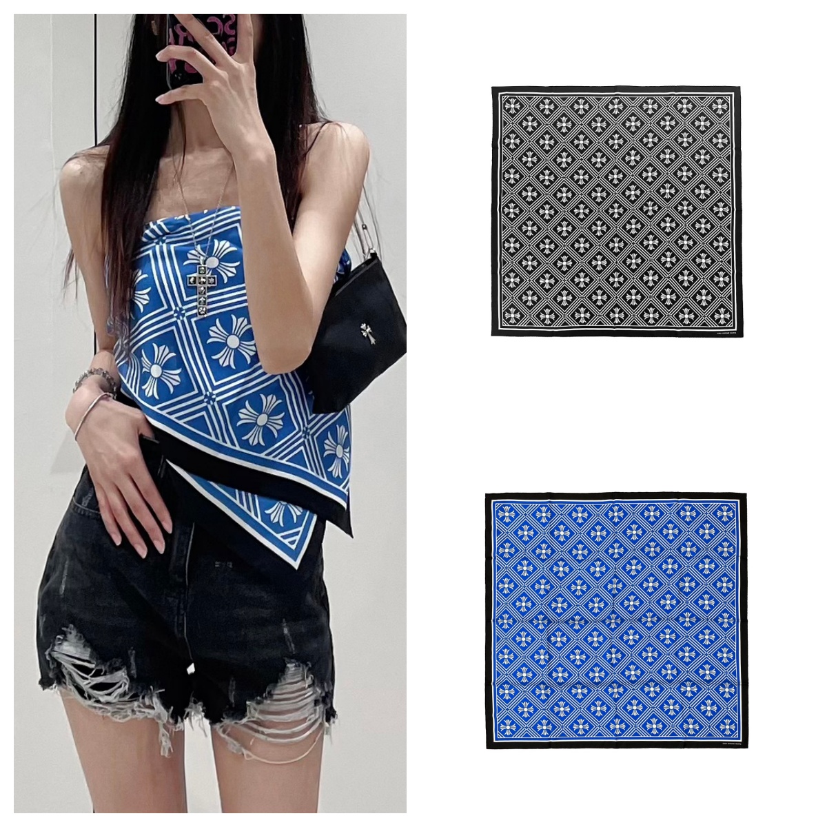 Chrome Hearts 克罗心 格纹满十字真丝方巾 丝巾 抹胸