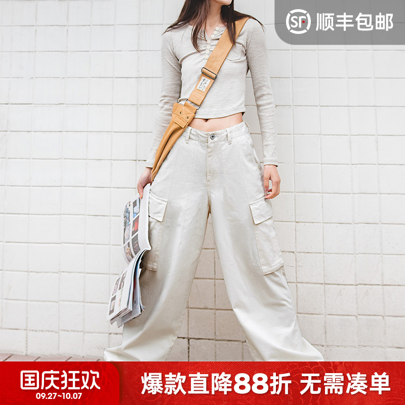 马登美式休闲运动阔腿裤小个子白色机能工装裤日系直筒休闲裤秋女
