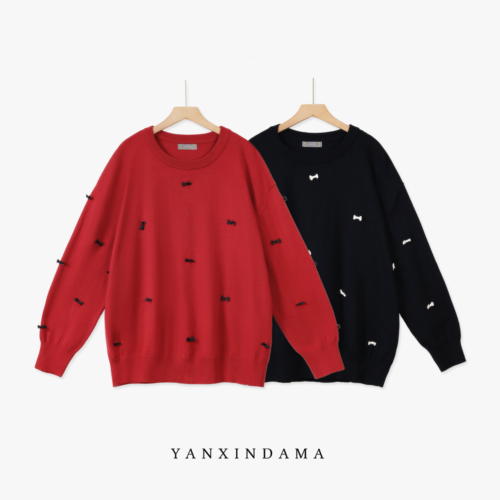 大码女装300斤胖MM时尚百搭时尚蝴蝶结圆领毛针织衫8095