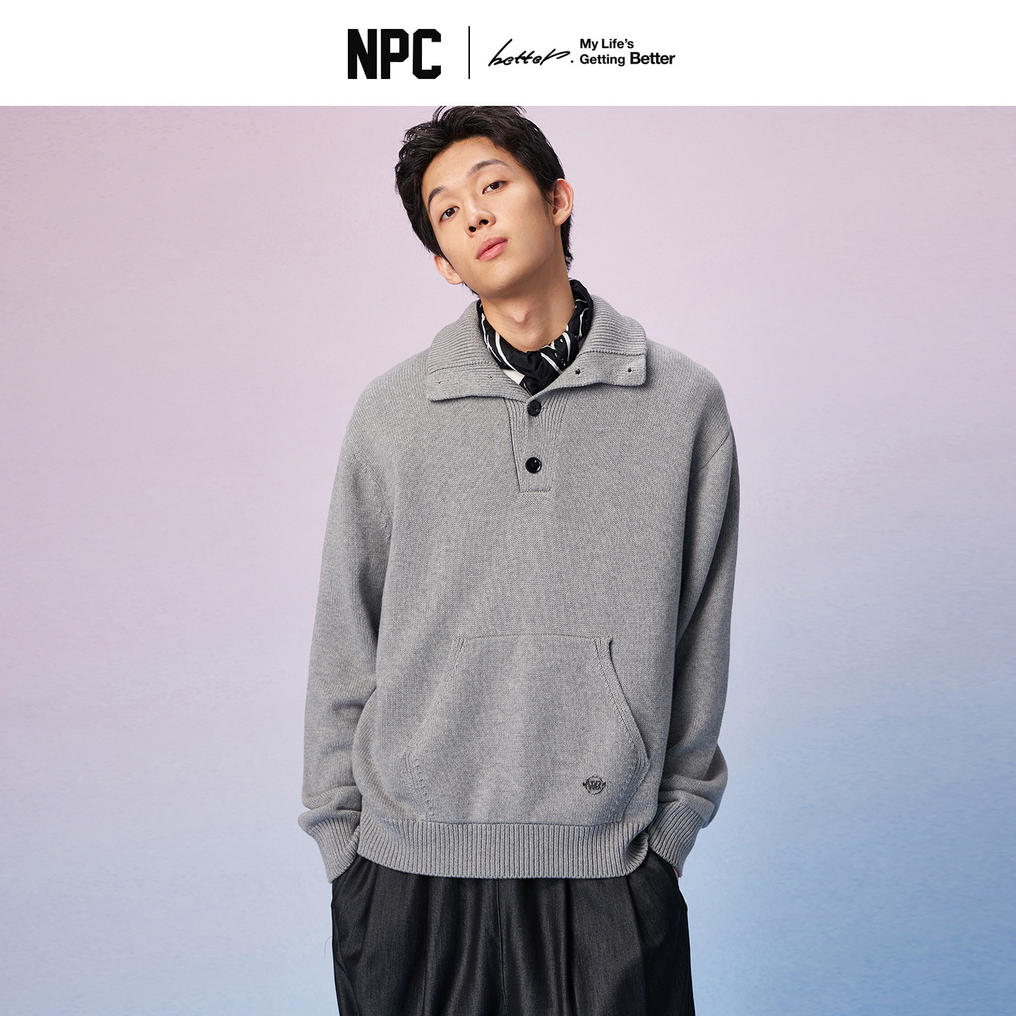NPC潮牌100%全棉半开襟翻领毛衣男宽松休闲上衣秋季上新NP57SW36