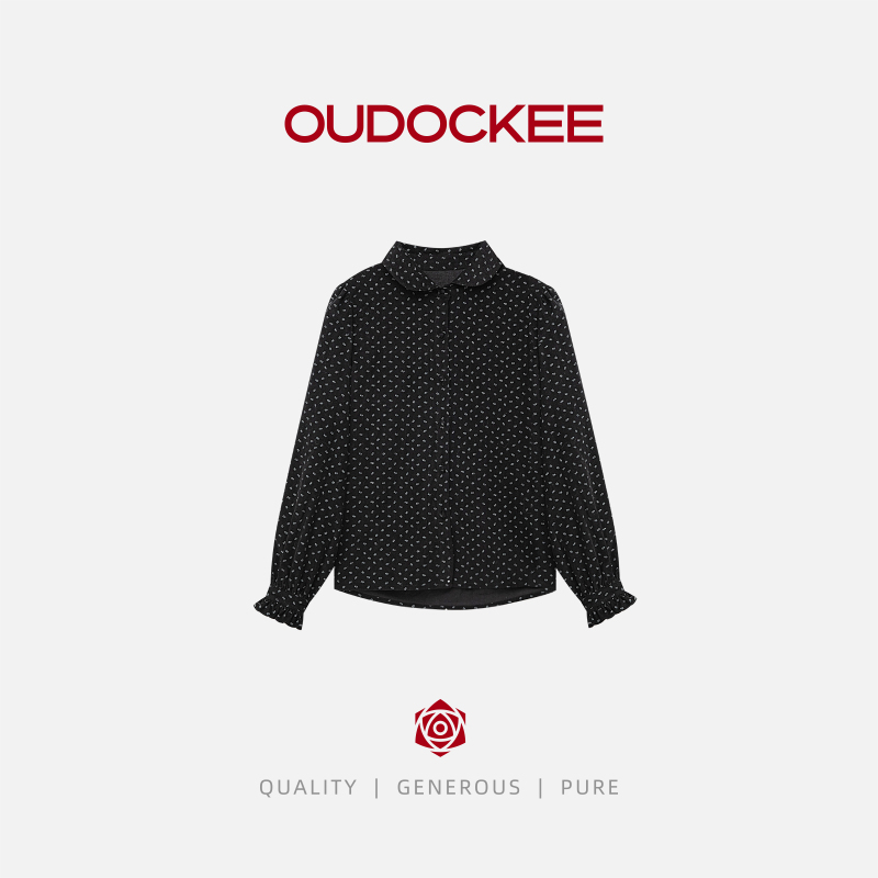 OUDOCKEE 鸥鸥【100棉】小赫本 黑色长袖立领波点宽松气质 CACE906T