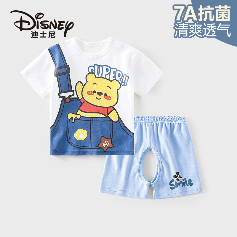 Disney/迪士尼婴儿纯棉短袖T恤开裆短裤套装夏日舒适婴幼儿夏装