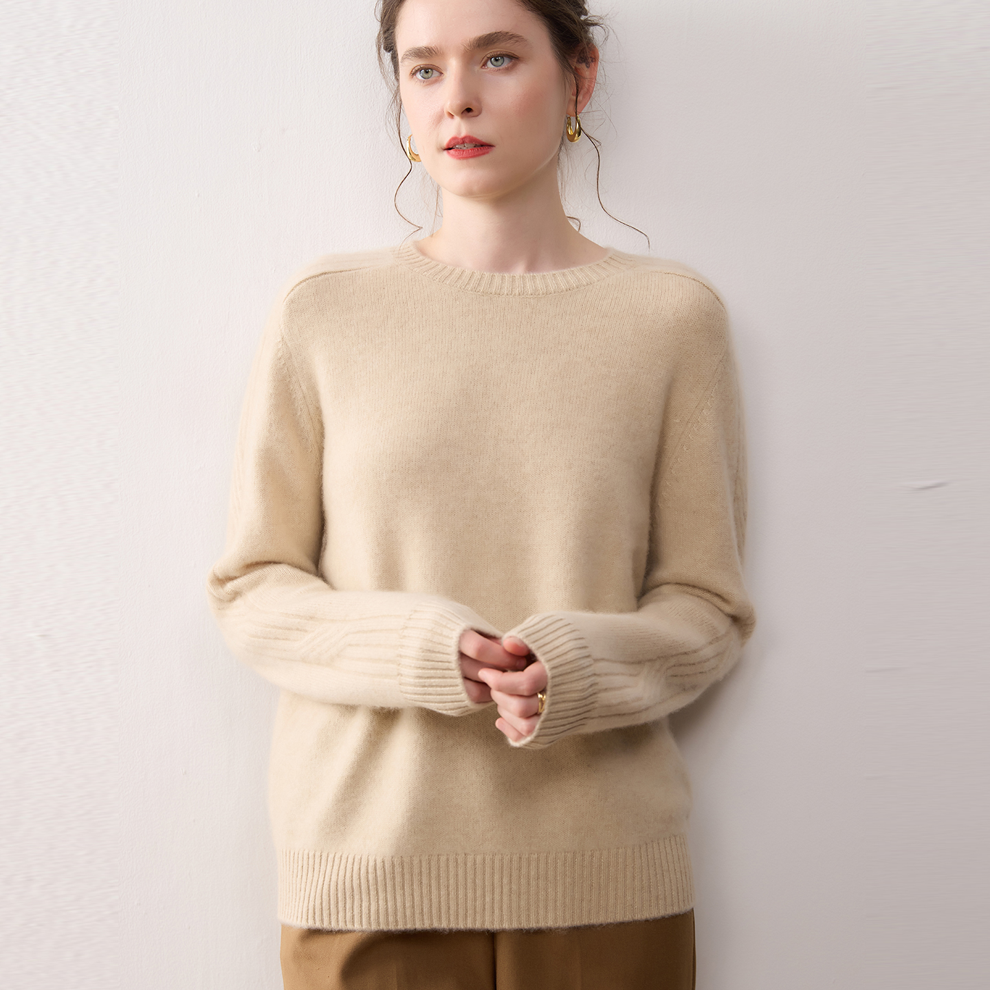 7针加厚马鞍肩100％纯羊绒衫女圆领宽松套头针织打底衫慵懒风韩版