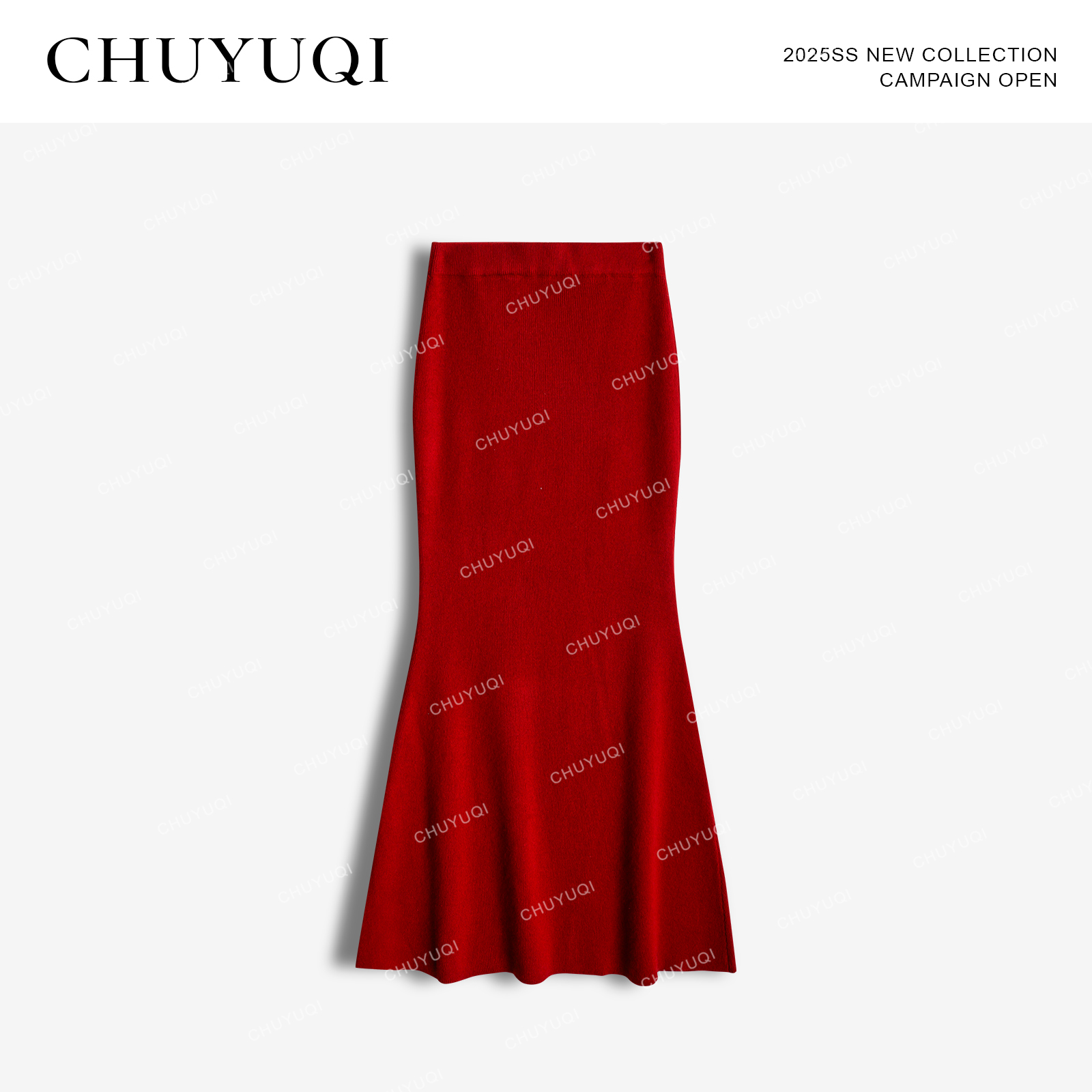 CHUYUQI 红色华尔兹 红色高织羊毛针织鱼尾裙新年氛围包臀半身裙