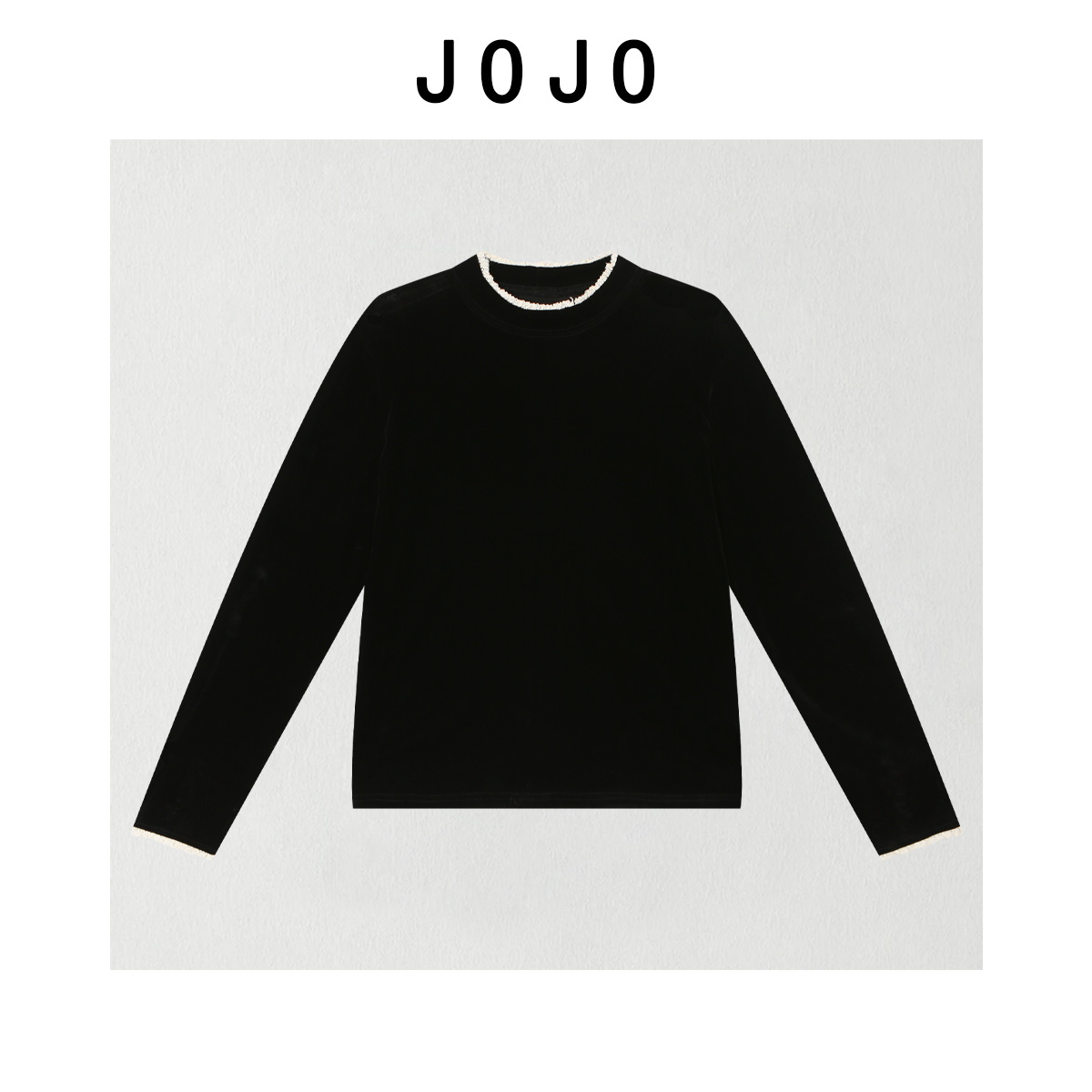 玖了个玖 2026早春 极简百搭蕾丝撞色拼接圆领丝绒上衣 2512C9115