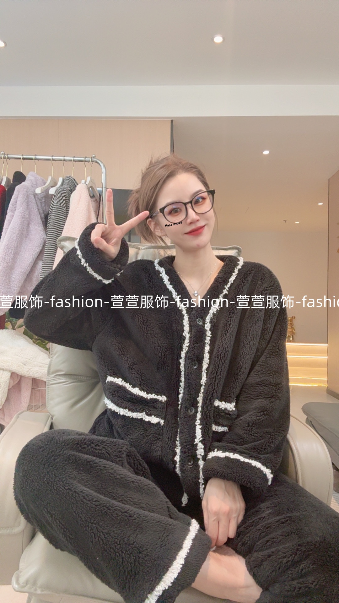 【萱萱服饰】SY104冬季新款拼色小香风保暖加绒家居服双面绒加厚绒