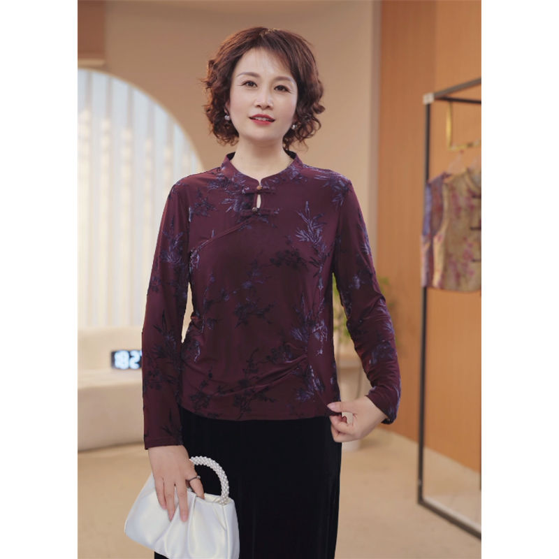 妈妈装秋装新中式盘扣上衣小衫气质中老年早秋季长袖提花衬衫8412