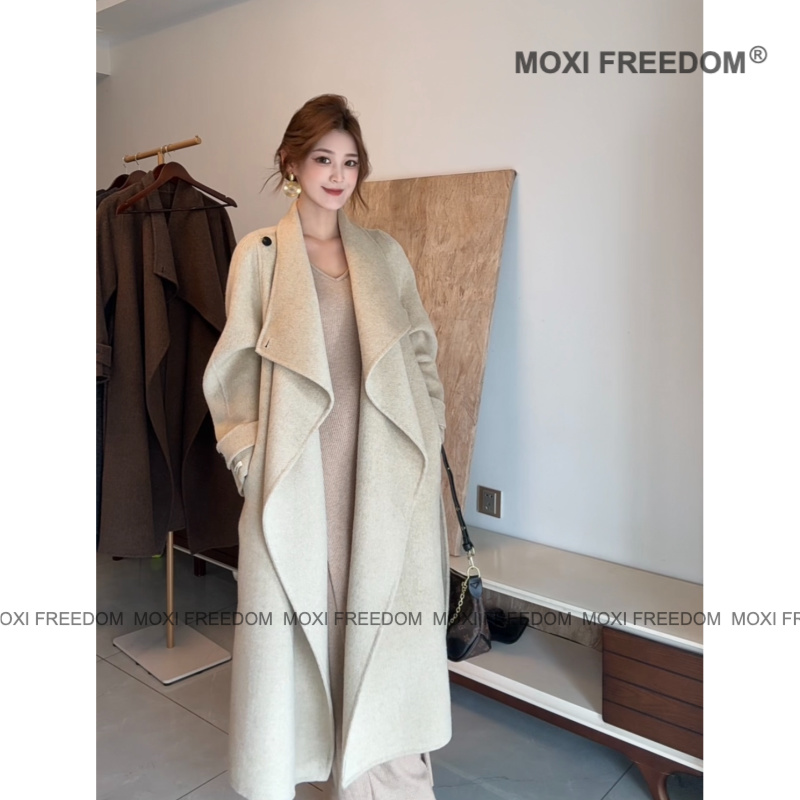 【盐风棱语】25年秋冬新款休闲腰带中长款双面羊毛大衣外套女装