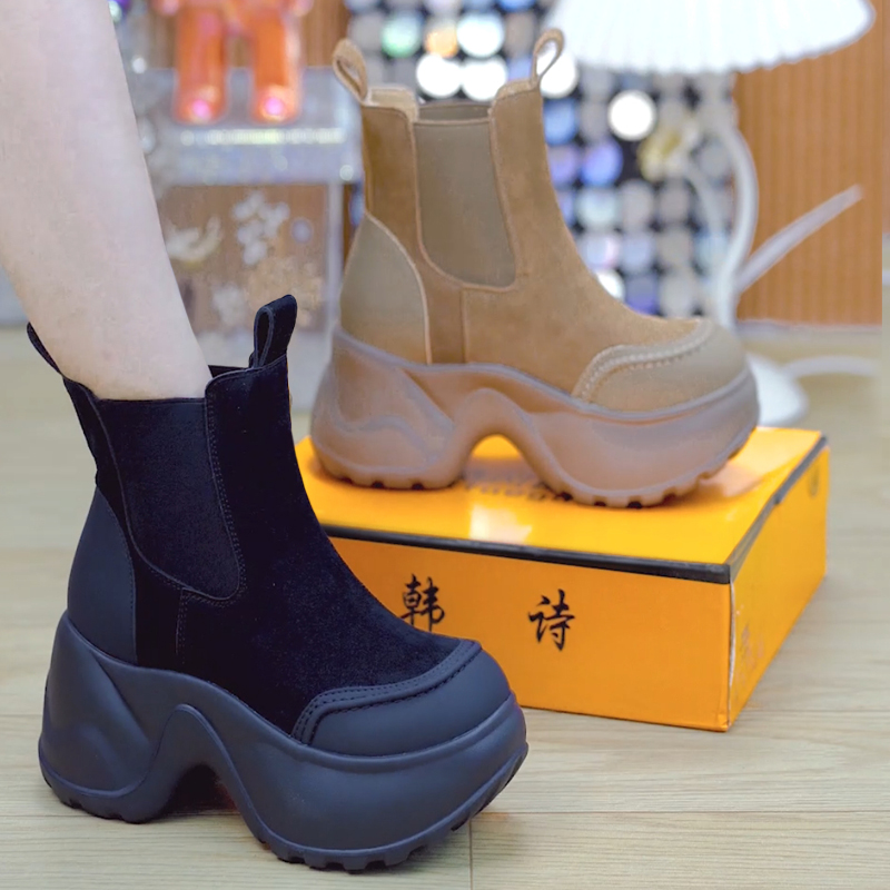  【单/棉】8cm小个子显瘦一脚蹬厚底短靴2025秋新款百搭休闲烟筒靴