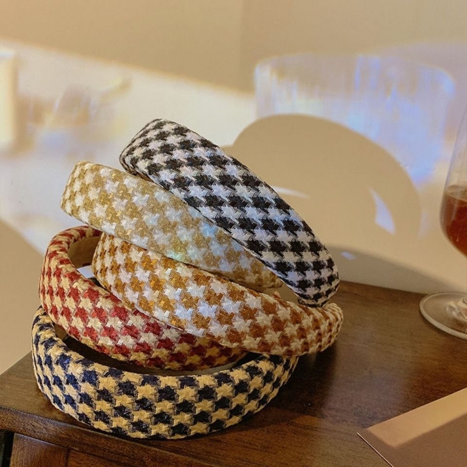 甜美复古风少女千鸟格发箍合材质原创设计无镀层日韩风格头饰