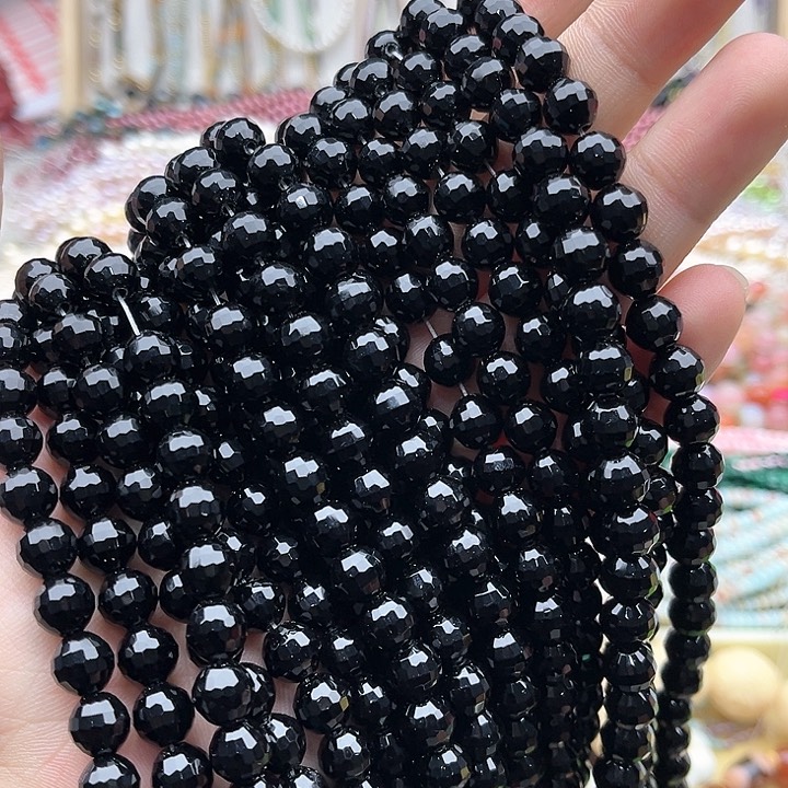 玛瑙/玉髓珠宝半成品未镶嵌一条8mm左右黑玛瑙刻面珠