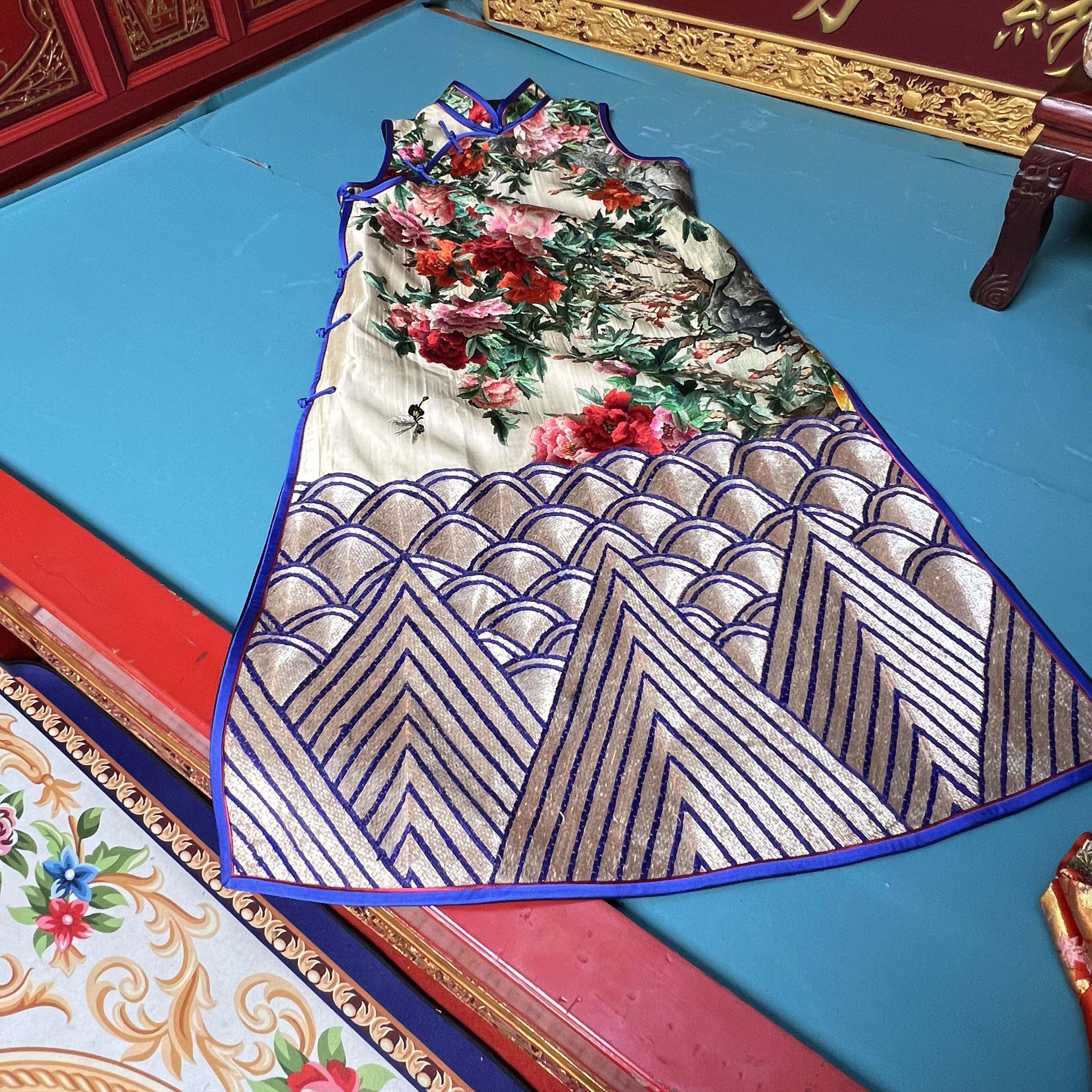 手工刺绣改良中长款旗袍盘金海水富贵牡丹个性女装服饰