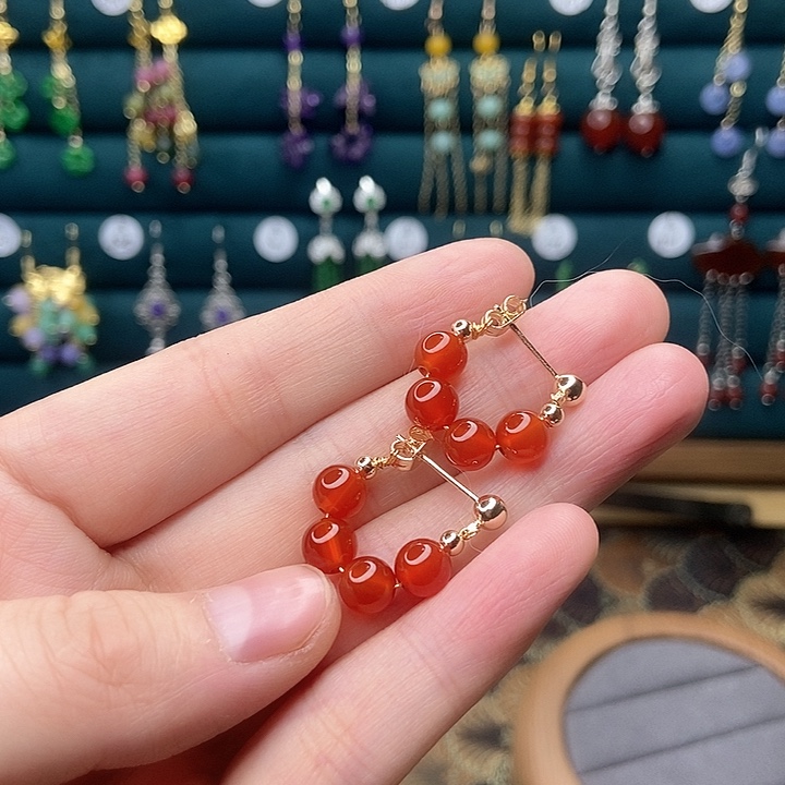 石英质玉耳钉银S925镶嵌