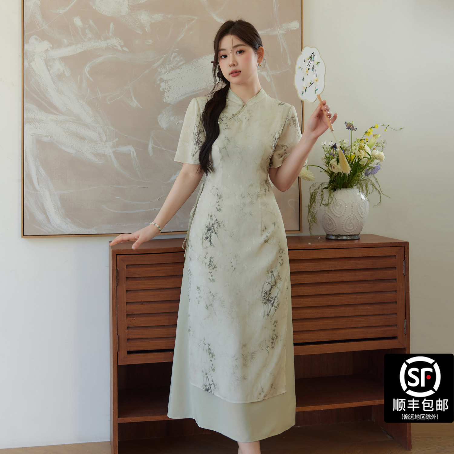 蓝语大码女装改良衣服遮肚子旗袍裙秋季夏季国风开叉连衣裙大号子