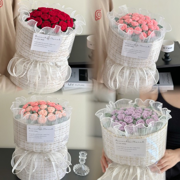 生日礼物小香风针织多头泡泡玫瑰手工毛线成品花束送女友闺蜜妈妈