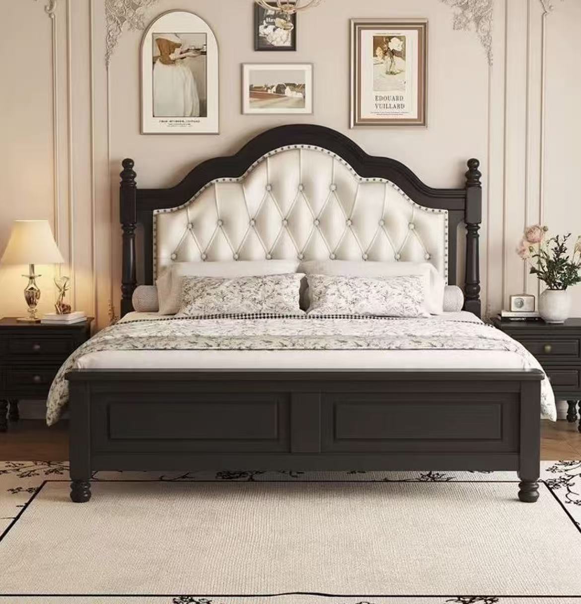 1206#中古风简约软包轻奢1.8米实木双人床主卧室家用复古实木床