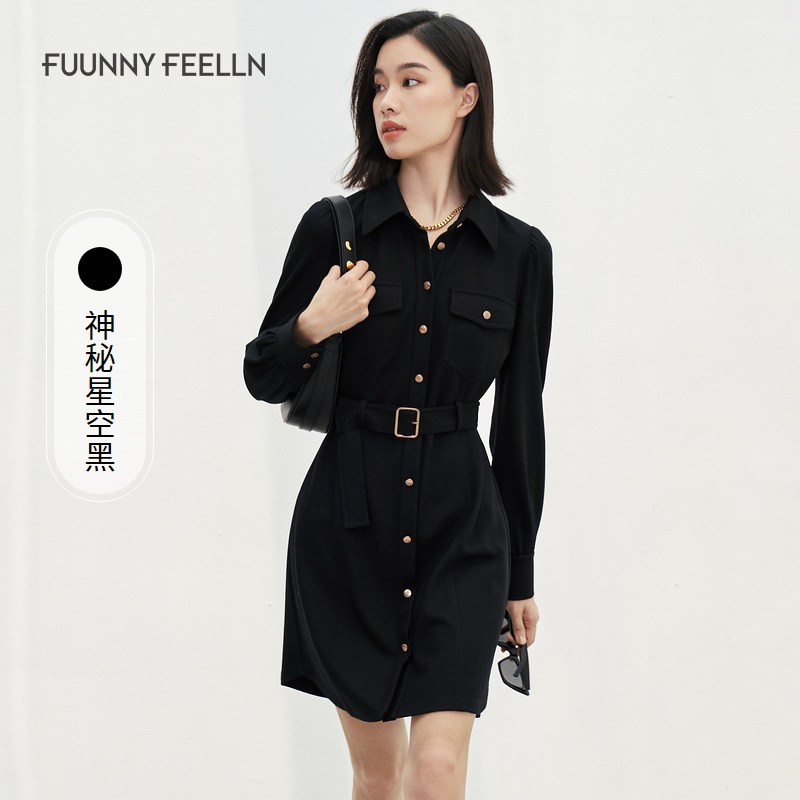 FF仿佛长袖黑色羊毛衬衫长款小众气质时尚连衣裙高腰裙子收腰显瘦