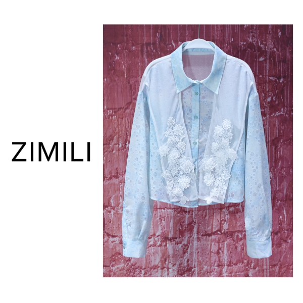 【子秋女装】2025设计师欧版冷雾蓝拼接蕾丝时尚休闲衬衫8138