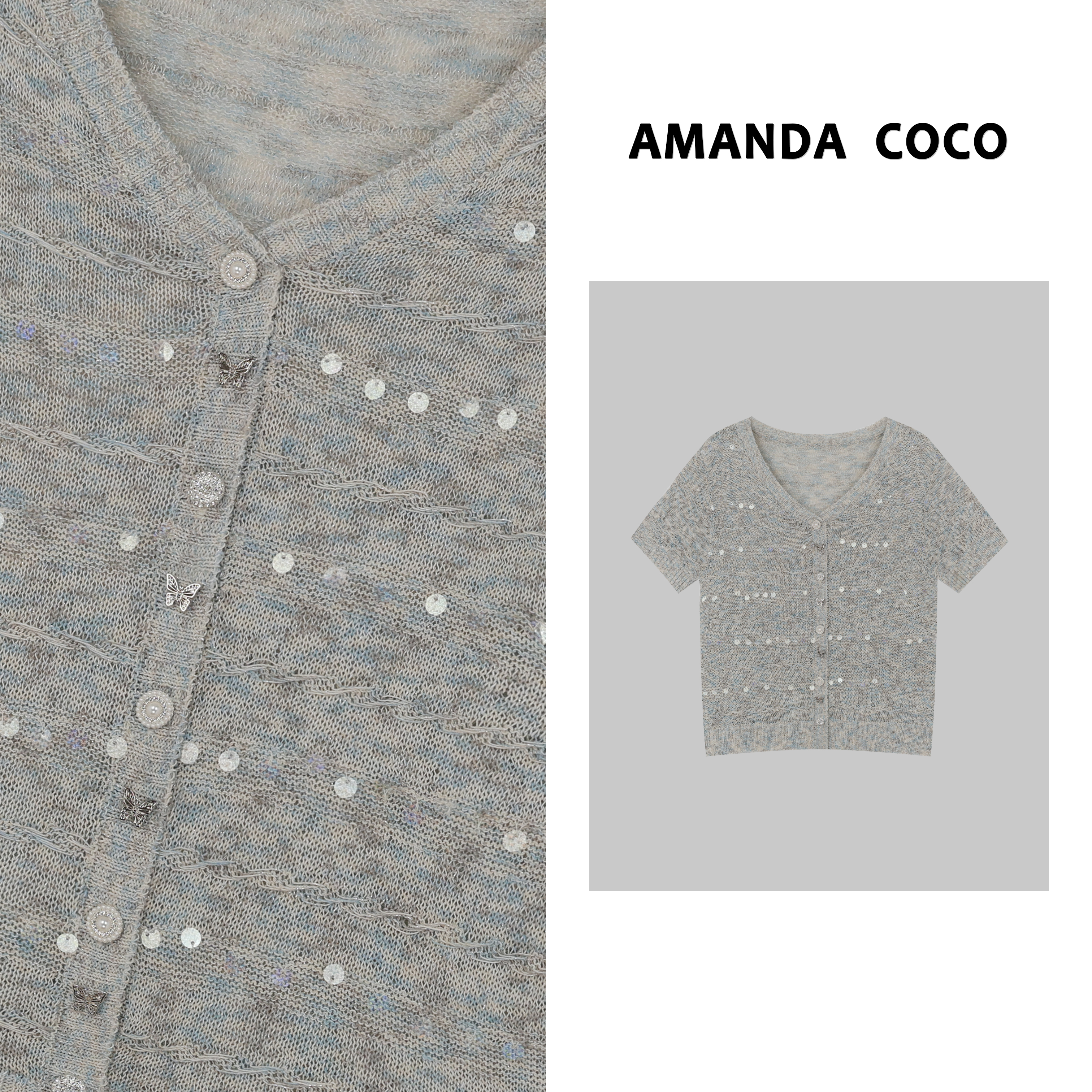 嘉嘉# 法式浪漫～2025夏季轻奢银丝亮片小香风呼吸感短袖针织衫