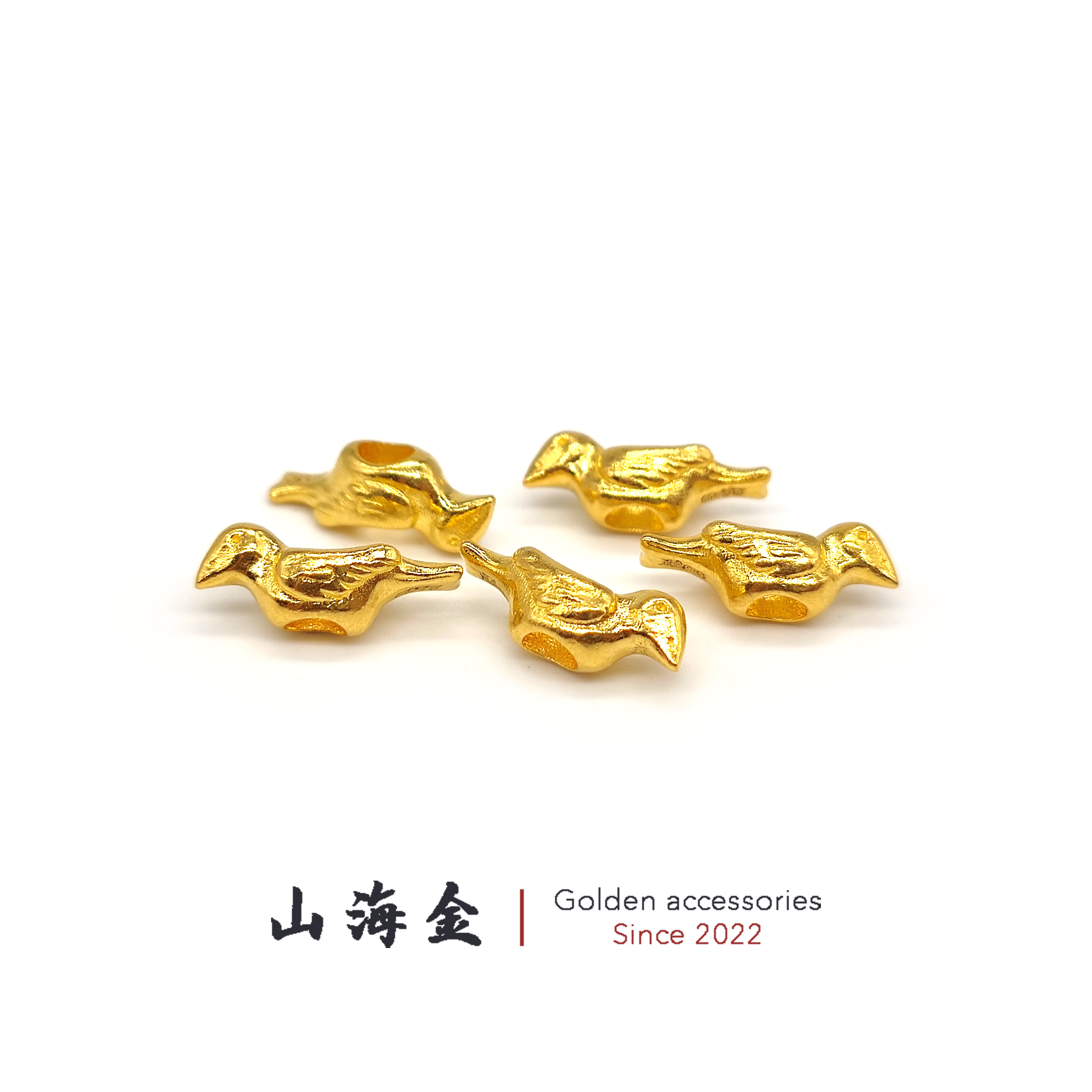 山海金 24K纯黄金999足金吉祥祝福小鸟背云线束文玩菩提佛珠配饰