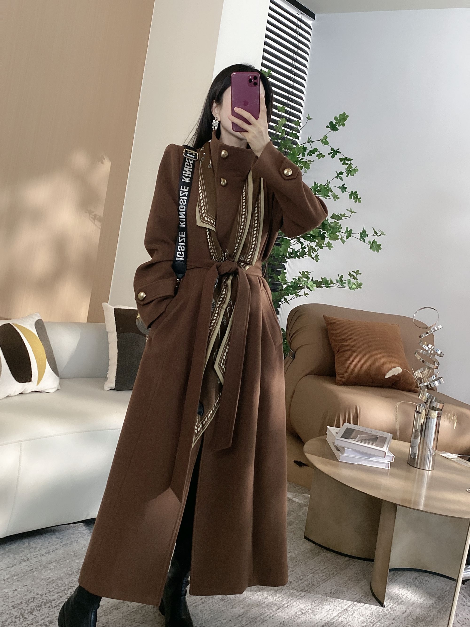 丝巾系带风衣外套86978
