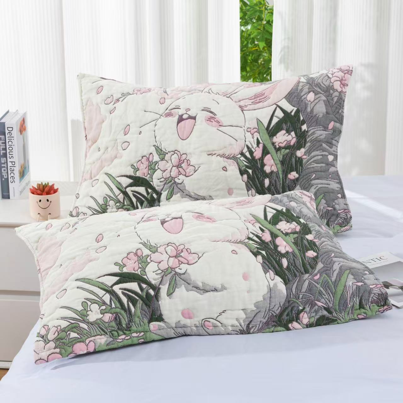 【樱花兔】52×78泡芙纱布枕巾一对装成人卡通柔软