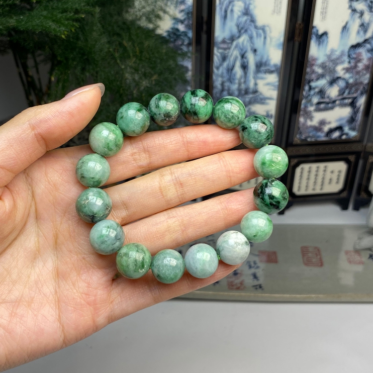 藓加绿圆珠手串 天然翡翠A货 